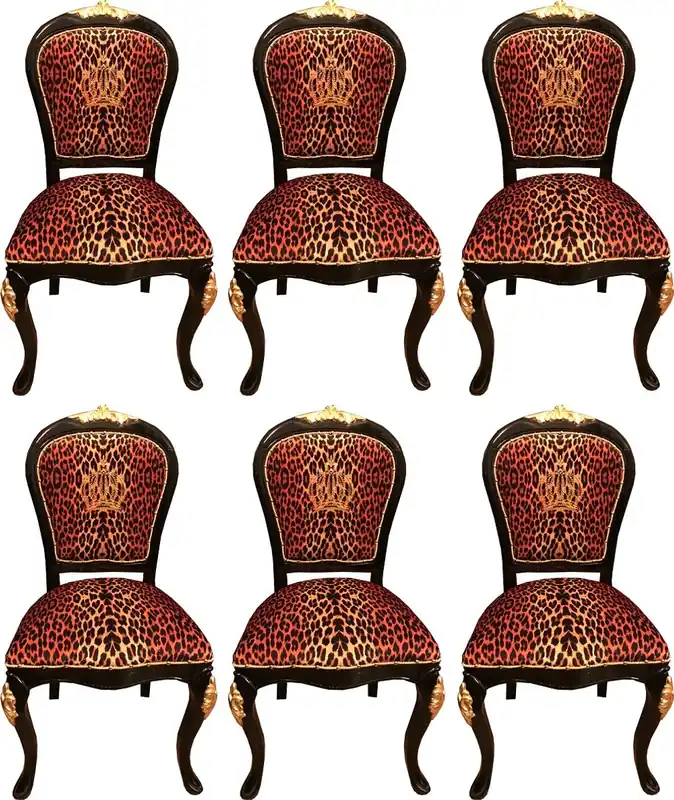 Pompöös by Casa Padrino Luxus Barock Esszimmerstühle Krone mit Glitzersteinen Leopard / Schwarz / Gold - Esszimmer Set - 6 Pompööse Barock Stühle designed by Harald Glööckler Sale