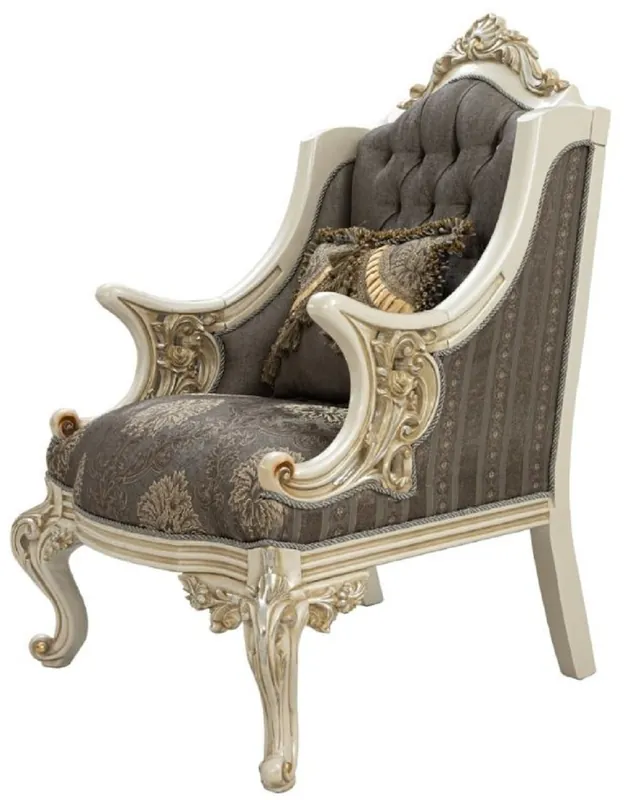 Casa Padrino Luxus Barock Sessel Grau / Braun / Weiß / Gold / Silber - Handgefertigter Wohnzimmer Sessel mit elegantem Muster und Glitzersteinen - Barock Wohnzimmer Möbel - Edel & Prunkvoll Schnäppchen