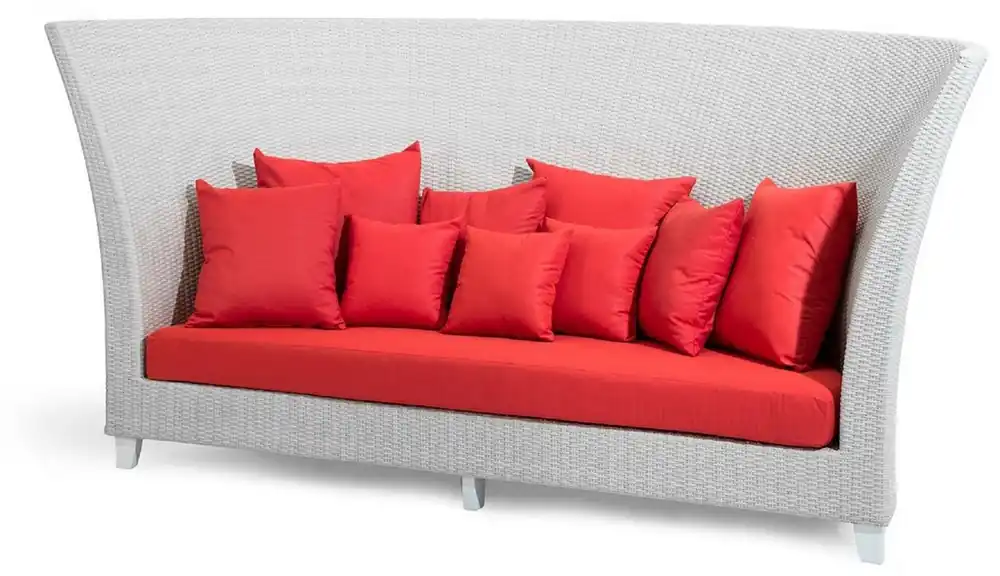 Sichere Zahlung Casa Padrino Luxus Gartensofa Weiß / Rot 277 x 123 x H. 133 cm - Handgewebtes Wetterbeständiges Hochlehn Sofa mit Kissen - Moderne Garten Möbel - Hotel Möbel