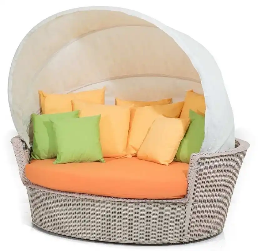 Casa Padrino Luxus Liegeinsel Grau / Orange / Weiß 186 x 141 x H. 174 cm - Handgewebtes Wetterbeständiges Lounge Sofa mit Sonnendach - Moderne Garten Terrassen Hotel Möbel Zertifiziert