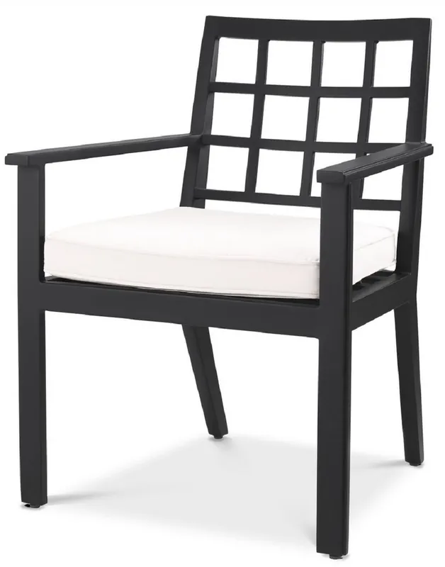Heißes Angebot Casa Padrino Luxus Esszimmerstuhl mit Armlehnen Schwarz / Weiß 64,5 x 65 x H. 88,5 cm - Wetterbeständiger Aluminium Stuhl mit Sitzkissen - Garten Terrassen Stuhl - Luxus Qualität