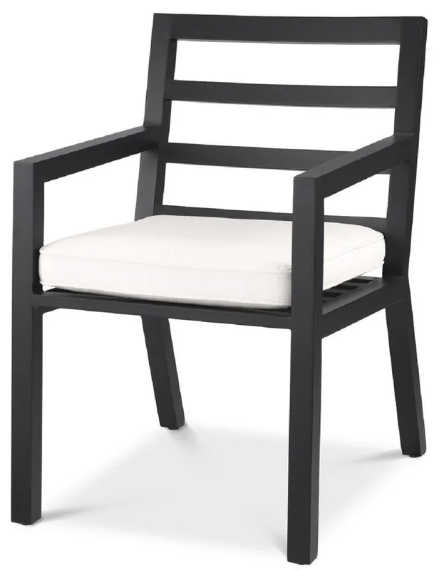 Casa Padrino Luxus Esszimmerstuhl mit Armlehnen Schwarz / Weiß 56 x 66,5 x H. 87 cm - Wetterbeständiger Aluminium Stuhl mit Sitzkissen - Garten Terrassen Stuhl - Luxus Qualität Top-Preis