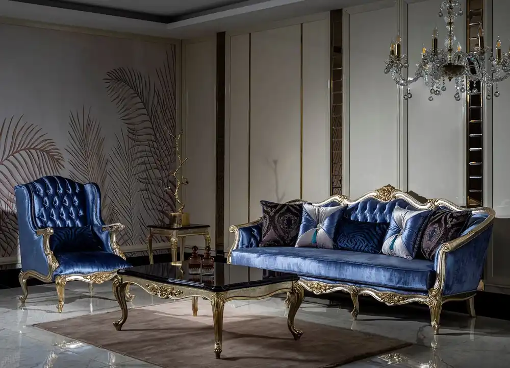 Markenware Casa Padrino Luxus Barock Wohnzimmer Set Blau / Silber / Gold - 2 Sofas & 2 Sessel & 1 Couchtisch - Prunkvolle Wohnzimmer Möbel im Barockstil