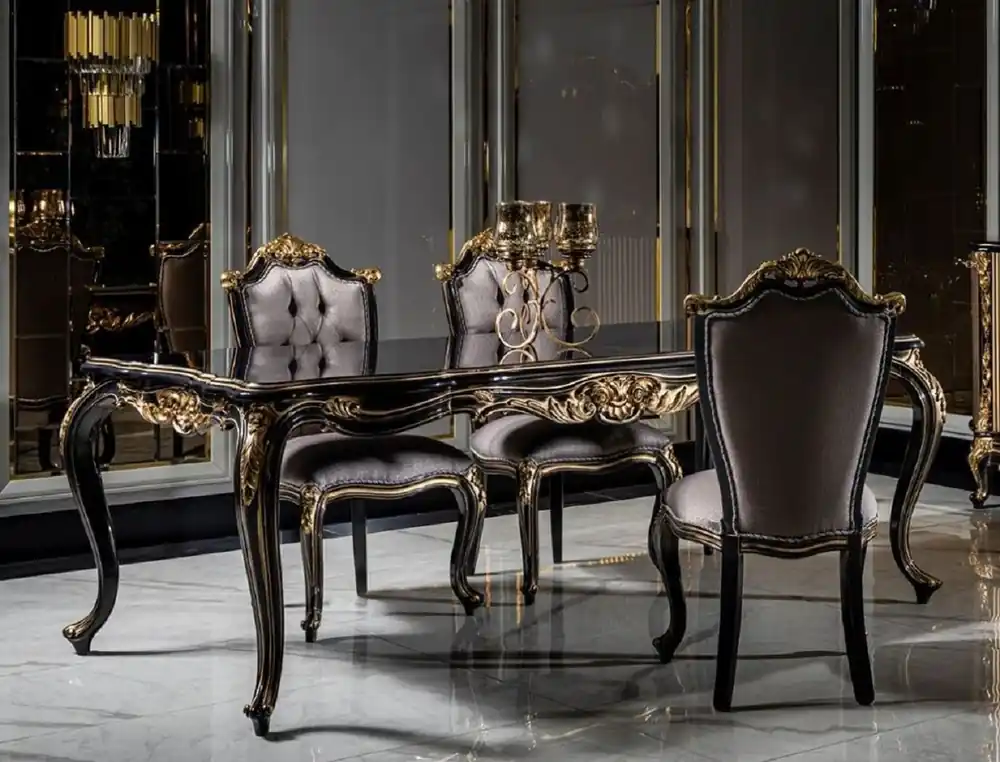 Saisonangebot Casa Padrino Luxus Barock Esszimmer Set Silber / Schwarz / Gold - 1 Esstisch & 6 Esszimmerstühle - Barock Esszimmer Möbel - Edel & Prunkvoll