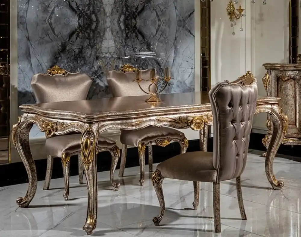 Casa Padrino Luxus Barock Esszimmer Set Silber / Antik Silber / Braun / Gold - 1 Esstisch & 6 Esszimmerstühle - Barock Esszimmer Möbel - Edel & Prunkvoll Sonderangebot