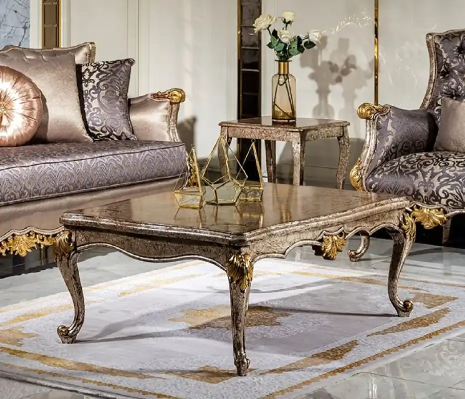 Casa Padrino Luxus Barock Couchtisch Antik Silber / Braun / Gold - Handgefertigter Massivholz Wohnzimmertisch im Barockstil - Edle Barock Wohnzimmer Möbel Letzte Chance
