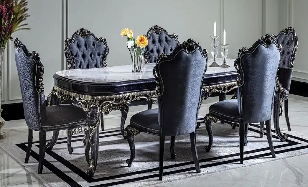 Top-Seller Casa Padrino Luxus Barock Esszimmer Set Weiß / Blau / Gold - 1 Esstisch & 6 Esszimmerstühle - Barock Esszimmer Möbel - Edel & Prunkvoll