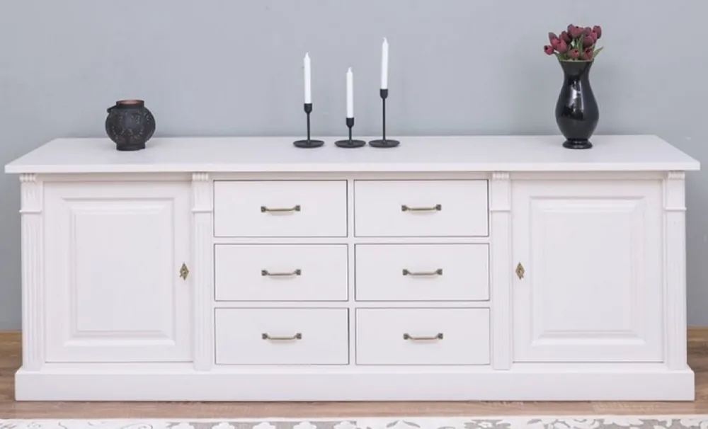 Casa Padrino Landhausstil Sideboard Weiß 219 x 51 x H. 78 cm - Massivholz Schrank mit 2 Türen und 6 Schubladen - Landhausstil Massivholz Möbel Expressversand