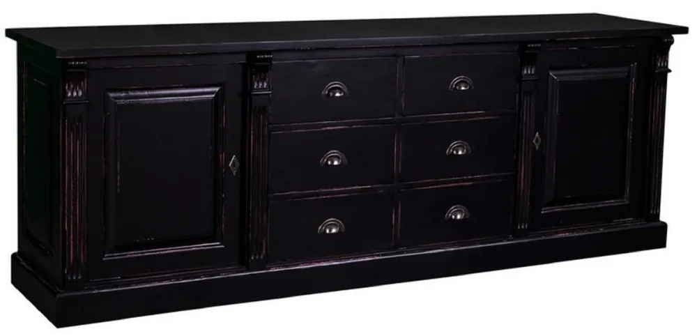 Casa Padrino Landhausstil Sideboard Antik Schwarz / Lila 219 x 51 x H. 78 cm - Massivholz Schrank mit 2 Türen und 6 Schubladen - Landhausstil Massivholz Möbel Abverkauf