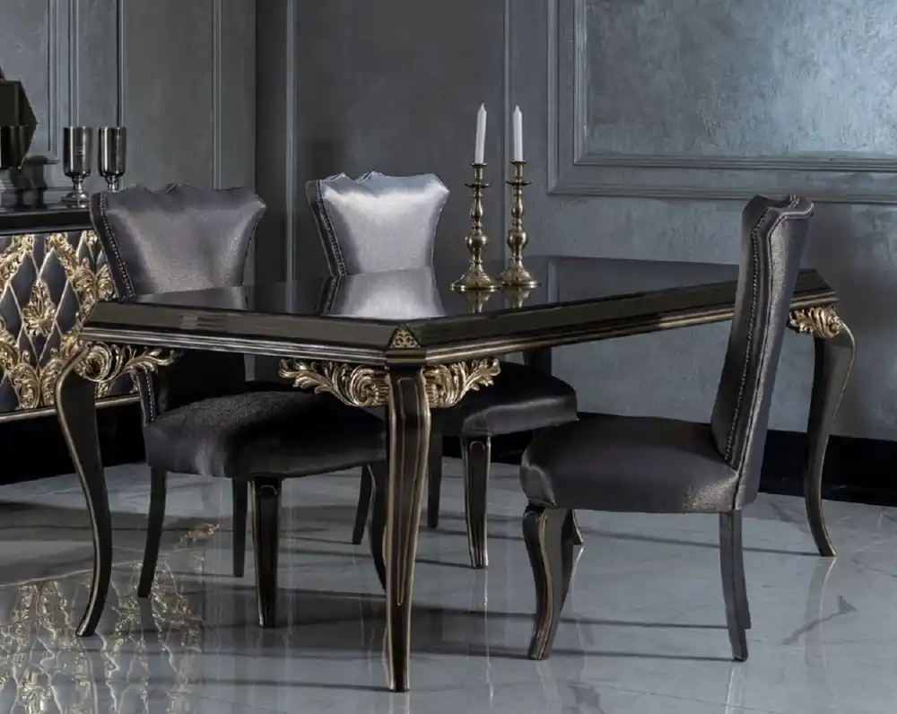 Casa Padrino Luxus Barock Esszimmer Set Blau / Schwarz / Gold - 1 Esstisch mit Glasplatte & 6 Esszimmerstühle - Edle Esszimmer Möbel im Barockstil Kracherpreis