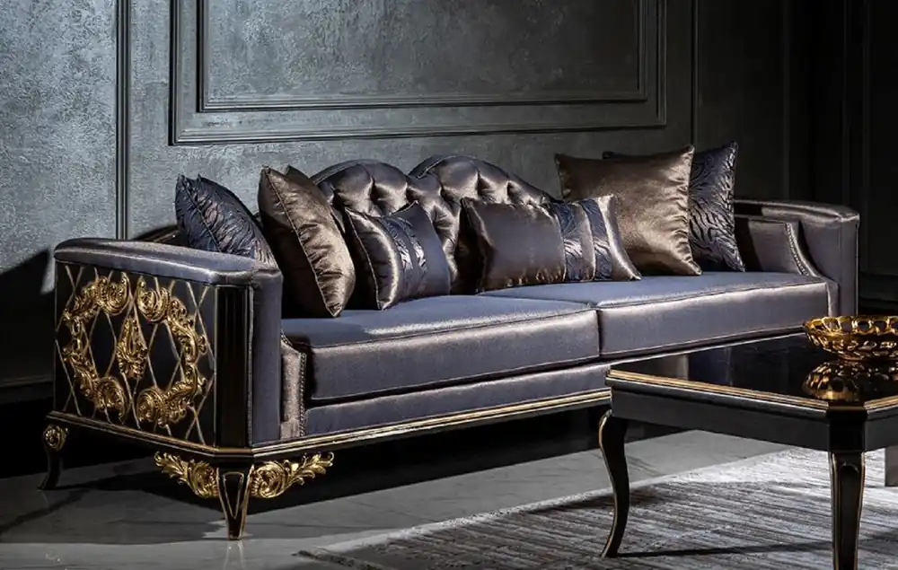 Casa Padrino Luxus Barock Sofa Blau / Schwarz / Gold - Prunkvolles Wohnzimmer Sofa mit dekorativen Kissen - Barock Möbel - Edel & Prunkvoll Mega-Angebot