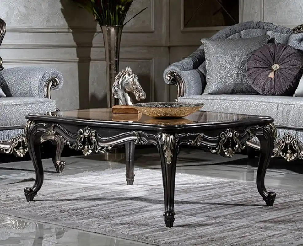 Casa Padrino Luxus Barock Couchtisch Beige / Dunkelgrau / Gold - Handgefertigter Massivholz Wohnzimmertisch - Wohnzimmer Möbel im Barockstil Sonderangebot