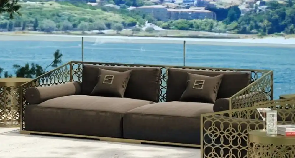 Casa Padrino Luxus 3er Sofa Braun / Gold 325 x 109 cm - Handgefertigtes Sofa mit Kissen - Wohnzimmer Sofa - Garten Sofa - Terrassen Sofa - Hotel Möbel - Luxus Qualität Online Kaufen