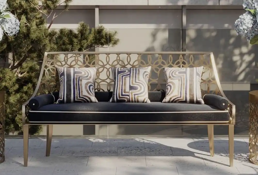 Preiswert Casa Padrino Luxus Sitzbank Grau / Weiß / Gold 150 x 50 x H. 89 cm - Handgefertigte Bank mit Kissen - Garten & Terrassen Bank - Hotel Möbel - Luxus Qualität