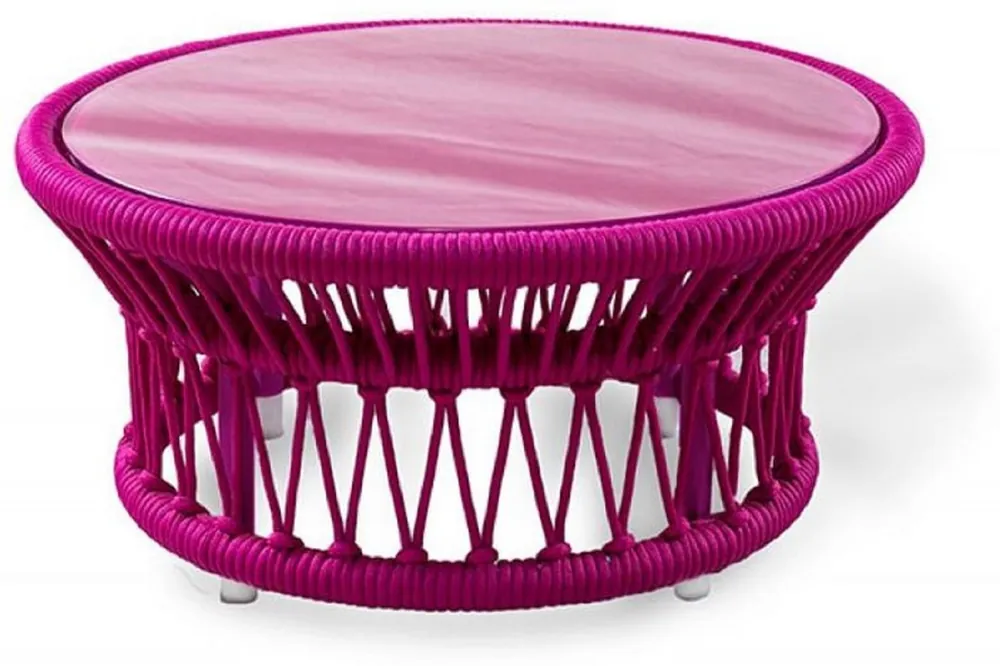 Casa Padrino Luxus Gartentisch Lila Ø 70 x H. 34 cm - Handgewebter Wetterbeständiger Couchtisch mit Glasplatte - Garten Terrassen Tisch Möbel - Luxus Kollektion Online Kaufen