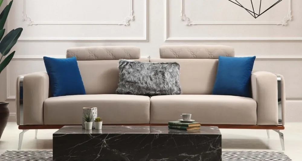 Casa Padrino Luxus Wohnzimmer Sofa mit verstellbarer Rückenlehne Beige / Braun / Silber 225 x 95 x H. 89 cm - Luxus Wohnzimmer Möbel Zertifiziert