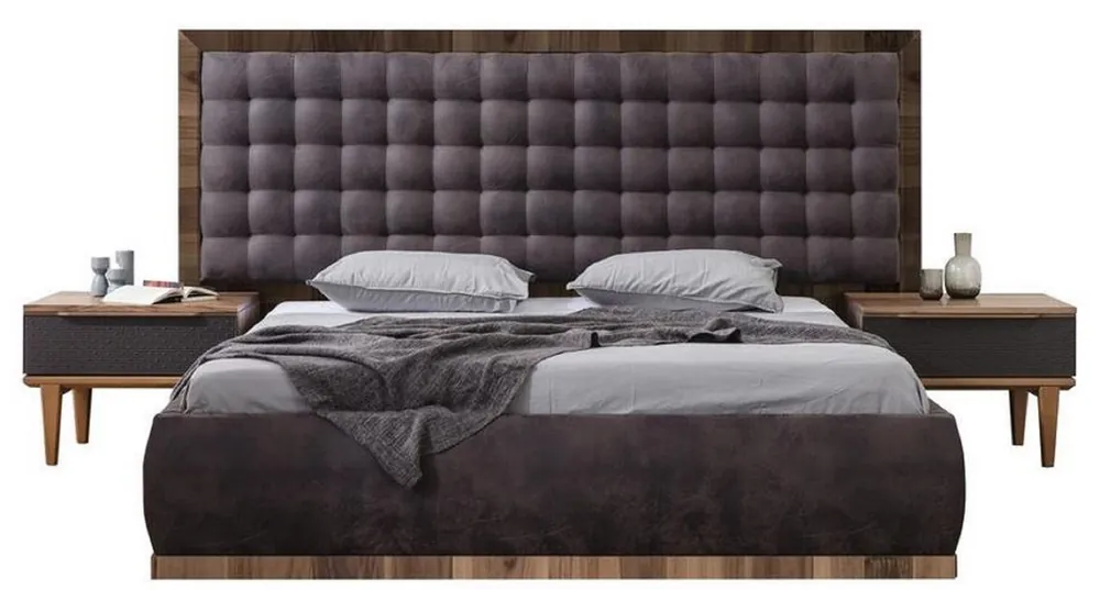 Casa Padrino Luxus Massivholz Schlafzimmer Set Grau / Braun - 1 Doppelbett mit Kopfteil & 2 Nachttische - Luxus Schlafzimmer Möbel Sichere Zahlung