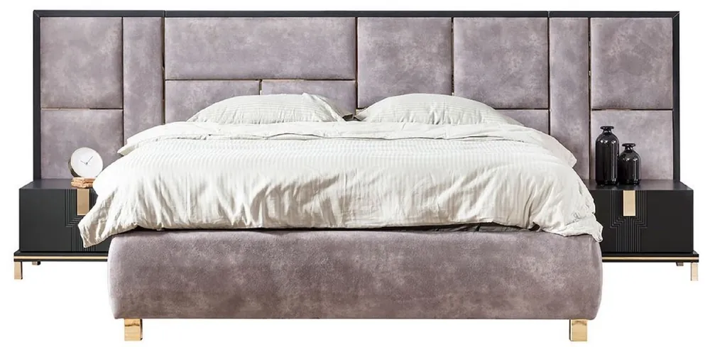 Casa Padrino Luxus Massivholz Schlafzimmer Set Lila / Schwarz / Gold - 1 Doppelbett mit Kopfteil & 2 Nachttische - Luxus Schlafzimmer Möbel Beliebt