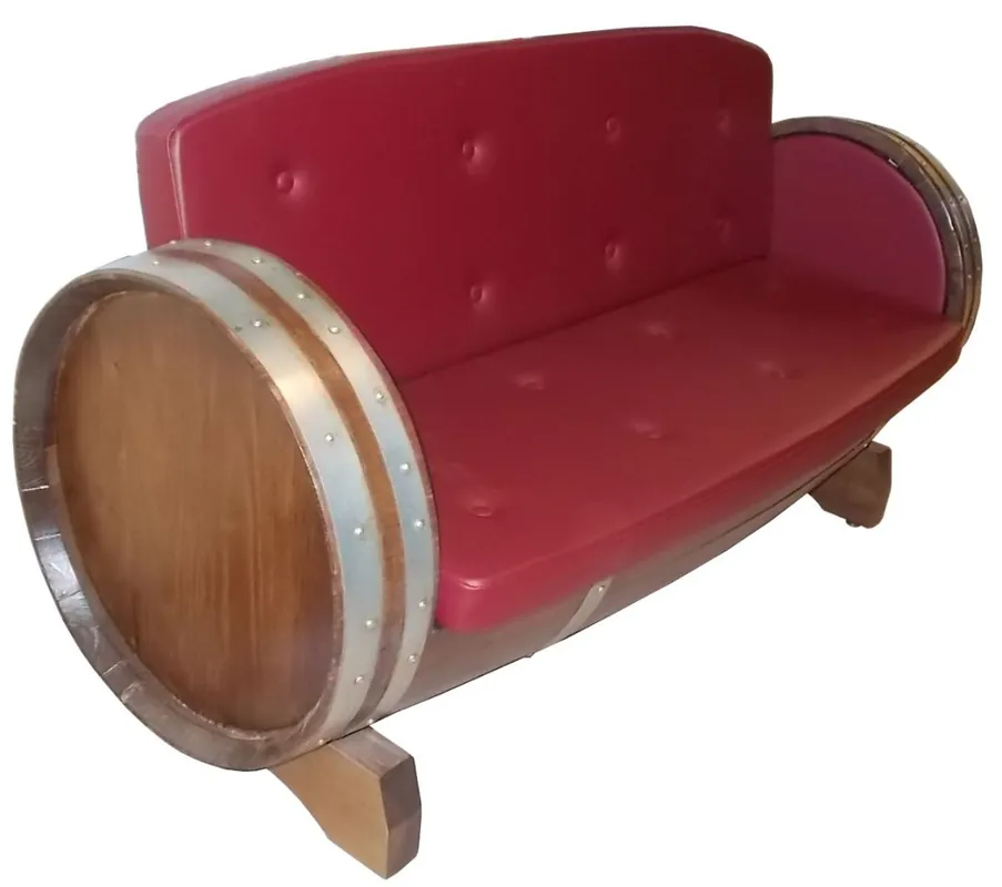Casa Padrino Luxus Fass Sofa Rot / Braun / Silber 160 x 65 x H. 85 cm - Gepolstertes Massivholz Weinfass Sofa - Garten Terrassen Gastronomie Möbel Schneller Versand