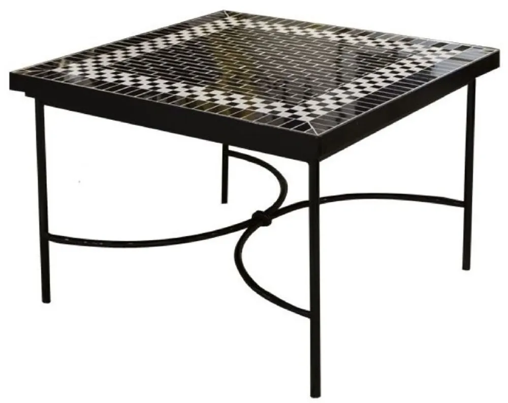 Casa Padrino Luxus Jugendstil Couchtisch Schwarz / Weiß 80 x 80 x H. 45 cm - Handgefertigter Schmiedeeisen Tisch mit Keramik Fliesen Tischplatte - Wohnzimmer Garten Terrassen Tisch Möbel Echt