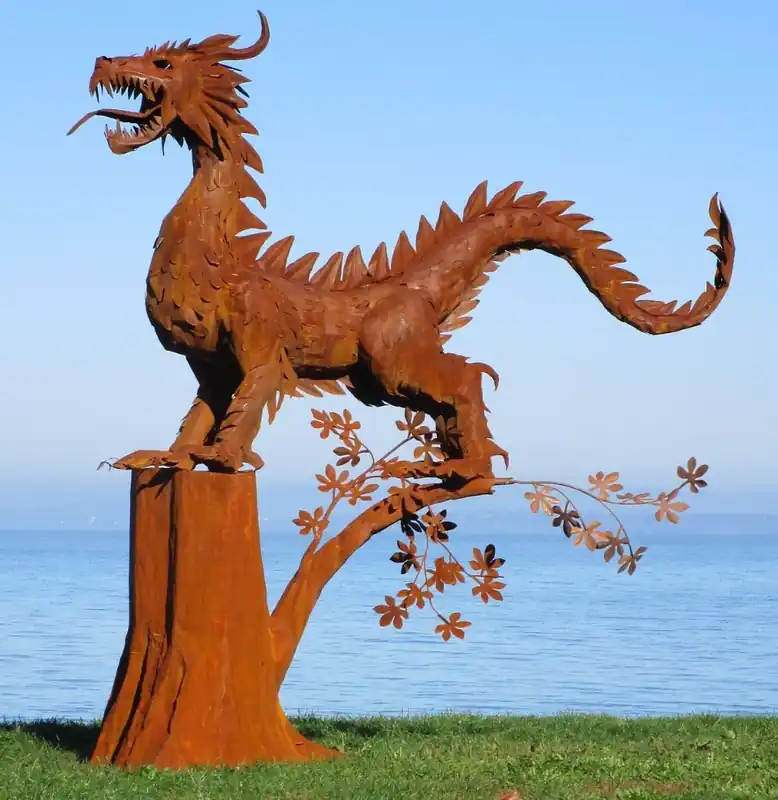 Highlight Casa Padrino Luxus Gartendeko Skulptur Drache Rostfarben 290 x 140 x H. 292 cm - Riesige Stahl Deko Figur - Gartenfigur - Hotel Garten Deko