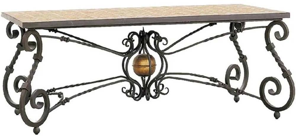 Begrenztes Angebot Casa Padrino Luxus Barock Esstisch Beige / Grau / Messingfarben - Handgefertigter Schmiedeeisen Gartentisch mit Naturstein Mosaik Fliesen Tischplatte - Garten Terrassen Esszimmer Möbel