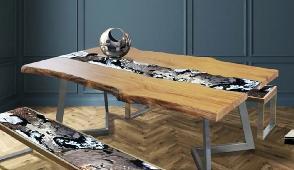 Neuheit Casa Padrino Luxus Esstisch Naturfarben / Mehrfarbig / Silber 200 x 100 x H. 75 cm - Moderner Massivholz Tisch mit edlem Lavastein und Edelstahl Gestell - Esszimmmer Möbel - Luxus Qualität