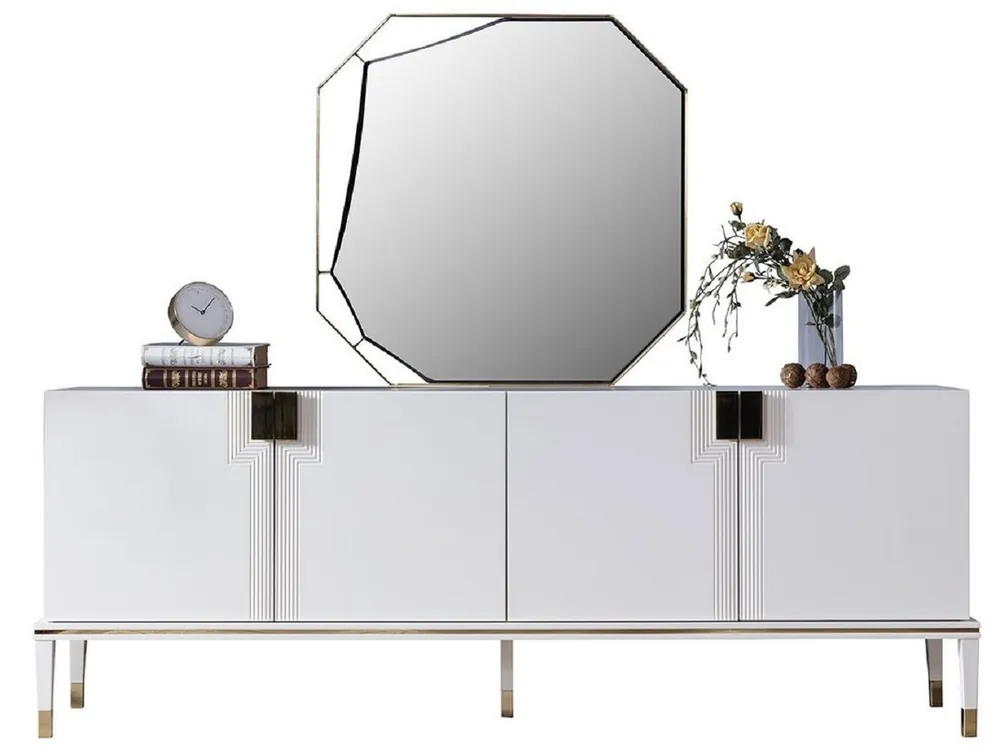 Nur Für Kurze Zeit Casa Padrino Luxus Möbel Set Weiß / Gold - 1 Sideboard mit 4 Türen & 1 Spiegel - Moderne Massivholz Möbel - Luxus Kollektion