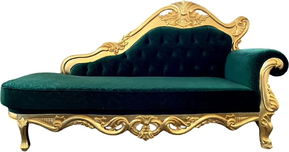 Casa Padrino Luxus Barock Chaiselongue Grün / Gold - Handgefertigte Massivholz Recamiere mit edlem Samtstoff und elegantem Muster - Prunkvolle Barock Möbel Markenprodukt