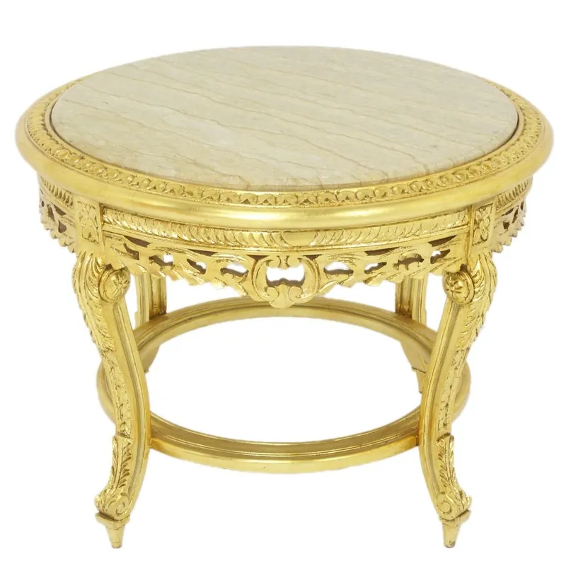 Großer Casa Padrino Barock Beistelltisch mit Marmorplatte Gold / Creme Ø 70 x H. 45 cm - Runder Antik Stil Tisch - Barock Wohnzimmer Möbel Geprüft