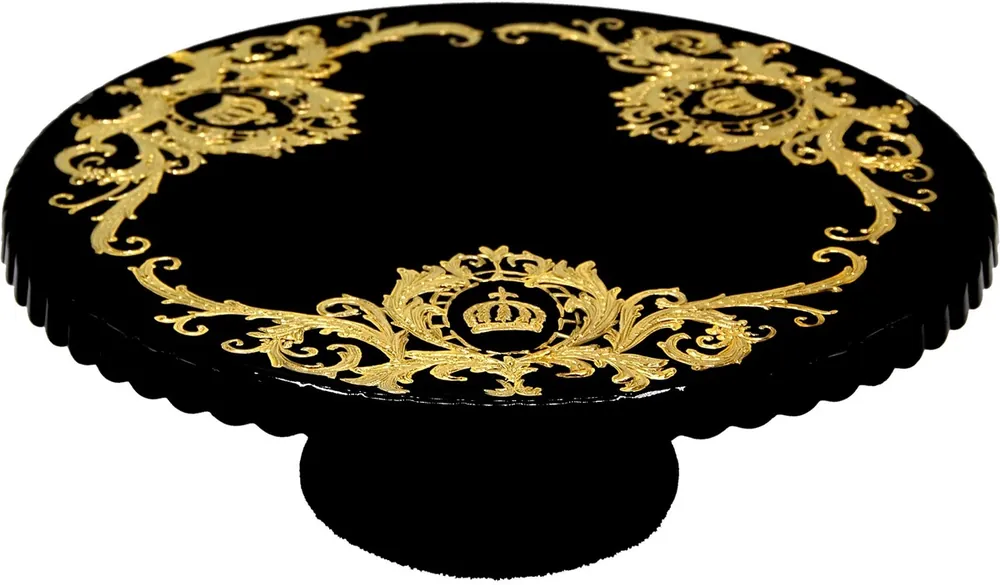 Pompöös by Casa Padrino Luxus Tortenplatte mit 24 Karat Vergoldung Schwarz / Gold Ø 32 x H. 11,5 cm - Pompööser Kuchenteller designed by Harald Glööckler Markenware