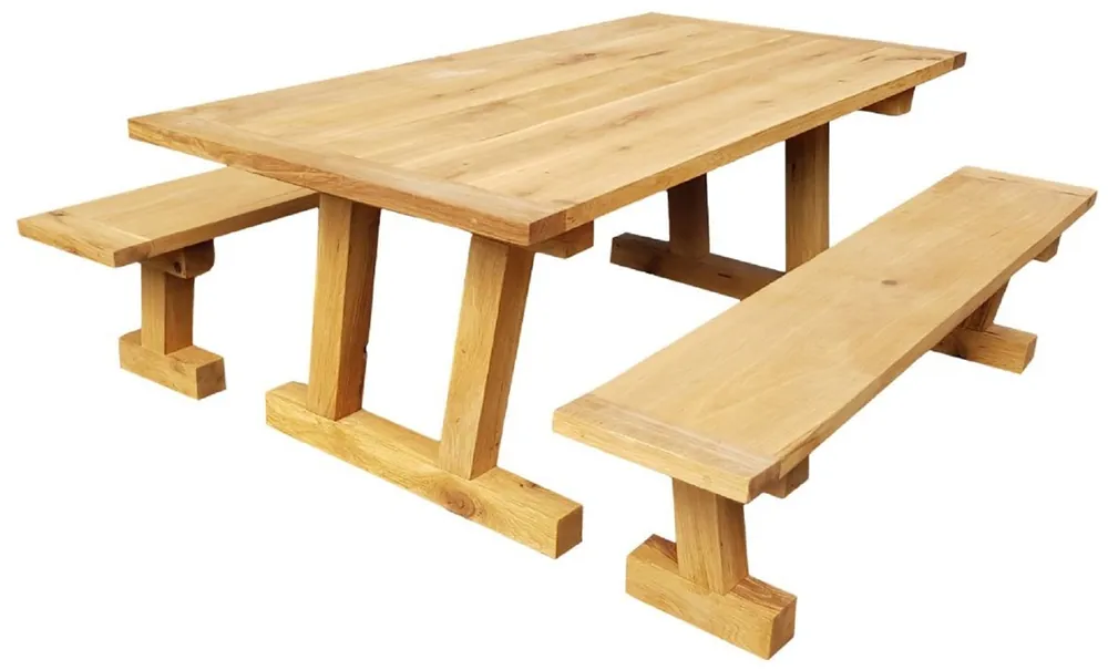 Casa Padrino Massivholz Esszimmer Set Naturfarben - Eichenholz Esstisch mit 2 Sitzbänken - Esszimmmer Möbel - Restaurant Möbel - Massive Eichenholz Möbel Sonderangebot