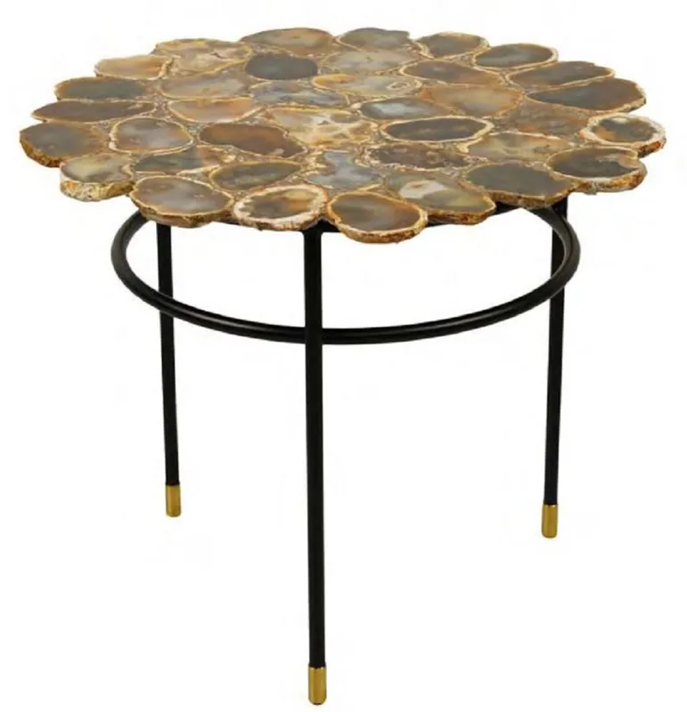 Casa Padrino Luxus Couchtisch Mehrfarbig / Schwarz / Messing Ø 60 x H. 50 cm - Wohnzimmertisch mit Achat Edelstein Tischplatte - Luxus Wohnzimmer Möbel Direkt Vom Hersteller