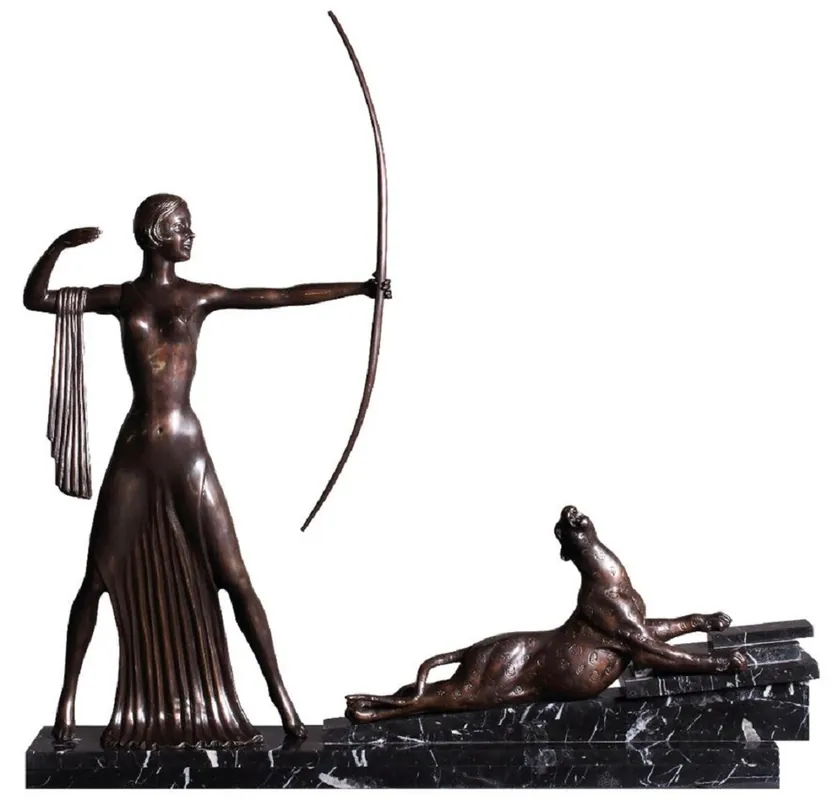 Direkt Vom Hersteller Casa Padrino Luxus Bronze Deko Skulptur Dame mit Bogen und Tiger Bronzefarben / Schwarz 85 x 13 x H. 82 cm - Luxus Deko Accessoires