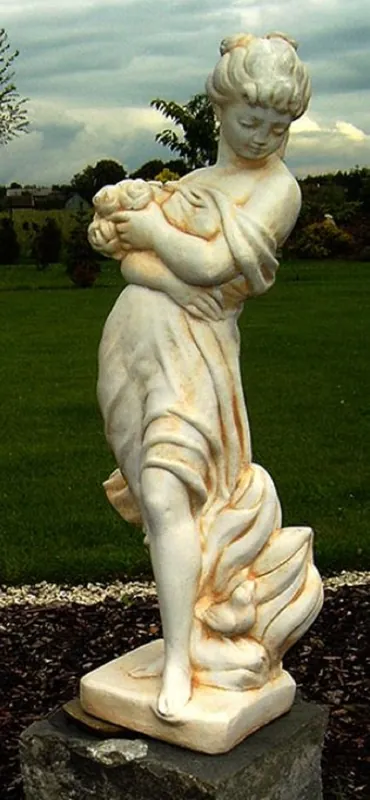 Casa Padrino Jugendstil Gartendeko Skulptur Mädchen mit Blumenstrauß Sandfarben / Beige H. 121 cm - Garten & Terrassen Deko Accessoires Online Kaufen