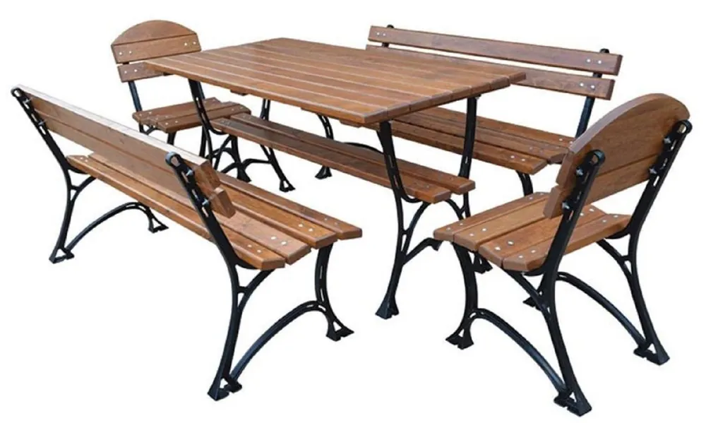 Neue Kollektion Casa Padrino Jugendstil Gartenmöbel Set Braun / Schwarz - 1 Tisch & 2 Sitzbänke & 2 Stühle - Garten & Gastronomie Möbel Massivholz