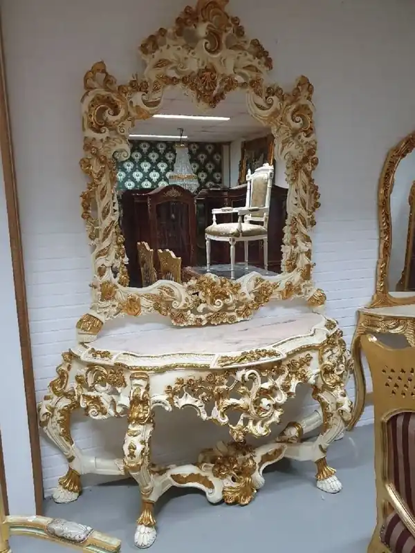 Casa Padrino Luxus Barock Spiegelkonsole Creme / Gold - Prunkvoller Massivholz Konsolentisch mit Marmorplatte und Wandspiegel - Barock Möbel Billig