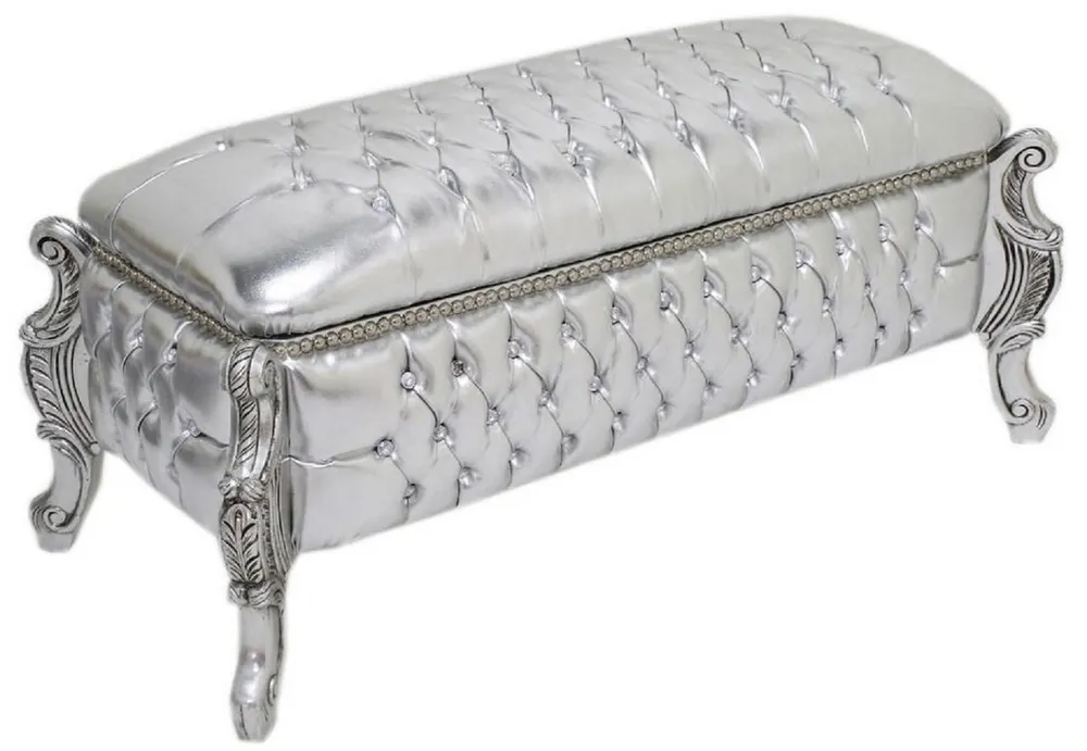 Angebot Casa Padrino Barock Sitzbank / Truhe Silber Lederoptik / Silber - Gepolsterte Massivholz Bank mit Glitzersteinen - Möbel im Barockstil