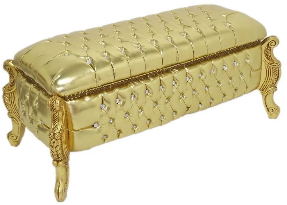 Casa Padrino Barock Sitzbank / Truhe Gold Lederoptik / Gold - Gepolsterte Massivholz Bank mit Glitzersteinen - Möbel im Barockstil Jetzt Bestellen