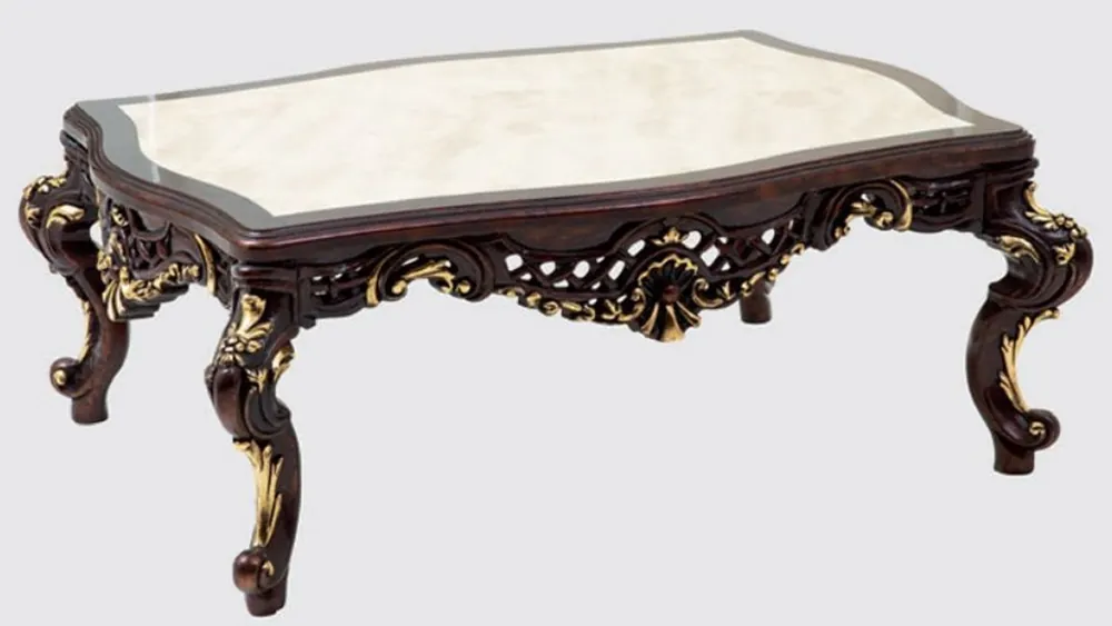 Casa Padrino Luxus Barock Couchtisch Dunkelbraun / Creme / Gold 130 x 95 x H. 51 cm - Prunkvoller Massivholz Wohnzimmertisch im Barockstil - Barock Möbel Knallerangebot