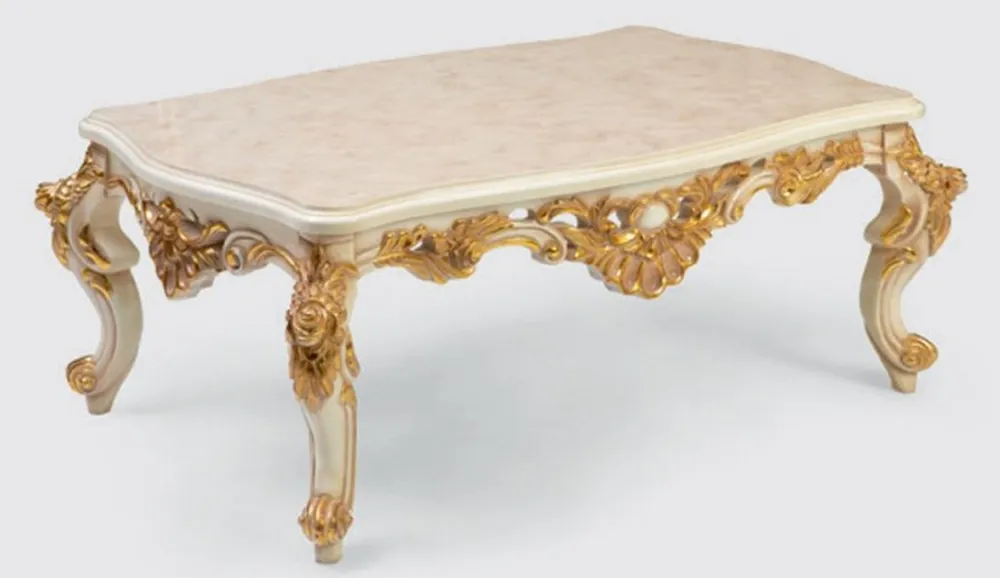 Abverkauf Casa Padrino Luxus Barock Wohnzimmertisch Creme / Weiß / Gold 140 x 90 x H. 55 cm - Edler Massivholz Couchtisch im Barockstil - Barock Wohnzimmer Möbel