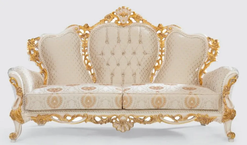 Casa Padrino Luxus Barock Sofa Creme / Weiß / Gold 230 x 95 x H. 130 cm - Handgefertigtes Wohnzimmer Sofa mit elegantem Muster - Barock Wohnzimmer Möbel - Edel & Prunkvoll Direktkauf