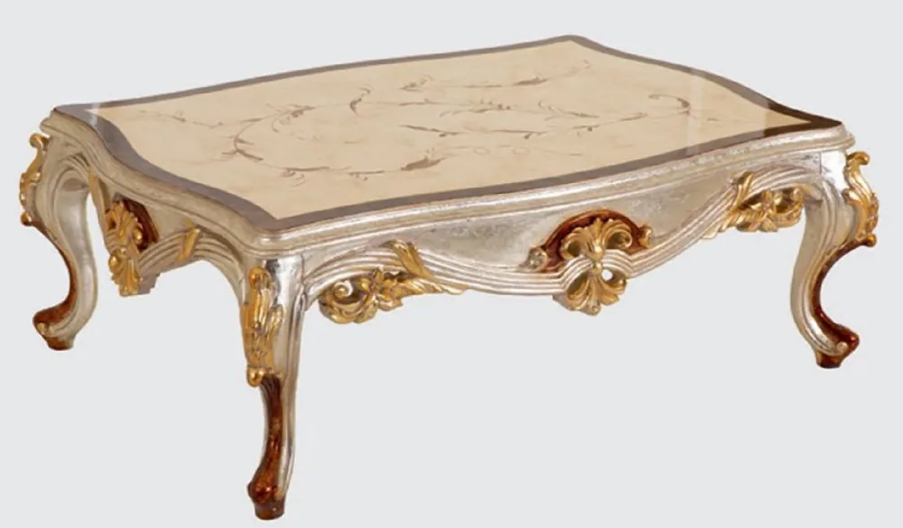 Casa Padrino Luxus Barock Couchtisch Creme / Silber / Braun / Gold 125 x 90 x H. 45 cm - Handgefertigter Massivholz Wohnzimmertisch im Barockstil - Barock Möbel Top-Angebot
