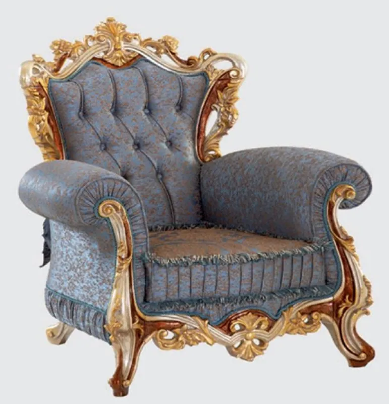 Top-Seller Casa Padrino Luxus Barock Sessel Blau / Kupfer / Silber / Braun / Gold 110 x 90 x H. 120 cm - Prunkvoller Wohnzimmer Sessel mit elegantem Muster - Barock Möbel