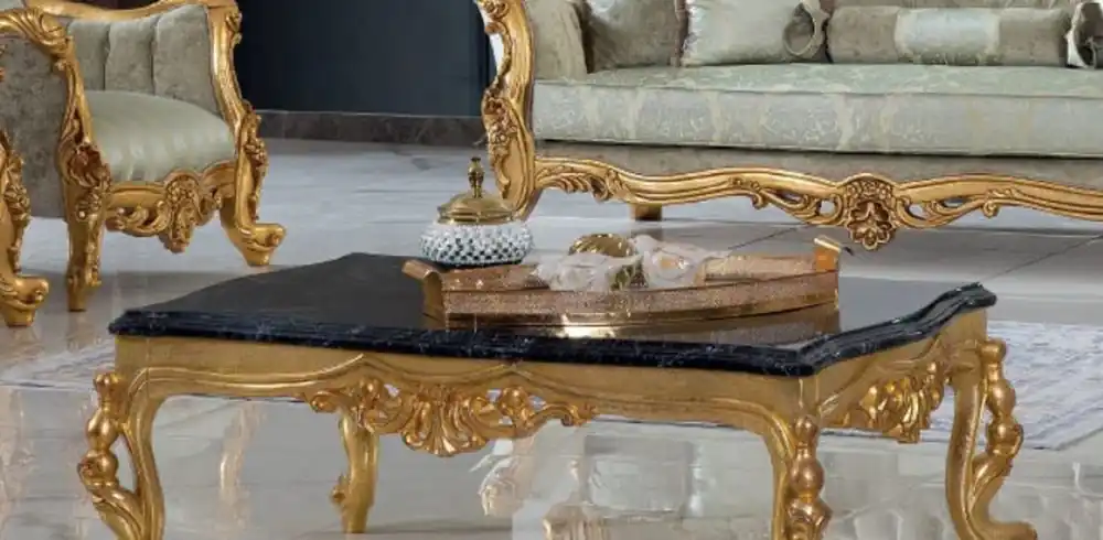 Casa Padrino Luxus Barock Couchtisch Schwarz / Gold 120 x 85 x H. 50 cm - Prunkvoller Massivholz Wohnzimmertisch mit Tischplatte in Marmoroptik - Barock Möbel Sichere Zahlung