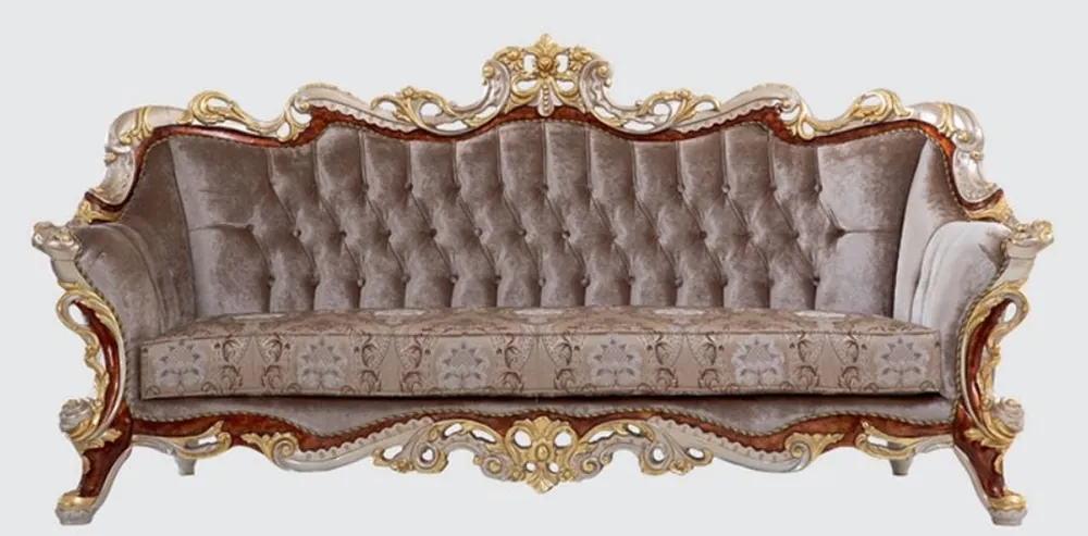 Jetzt Kaufen Casa Padrino Luxus Barock Sofa Grau / Braun / Silber / Gold 255 x 95 x H. 118 cm - Prunkvolles Wohnzimmer Sofa mit elegantem Muster - Möbel im Barockstil