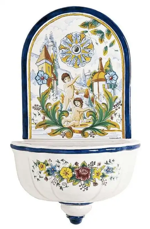 Casa Padrino Luxus Jugendstil Wandbrunnen Weiß / Mehrfarbig 62 x H. 104 cm - Handgefertigter & handbemalter Keramik Brunnen - Barock & Jugendstil Garten Deko Accessoires Neu