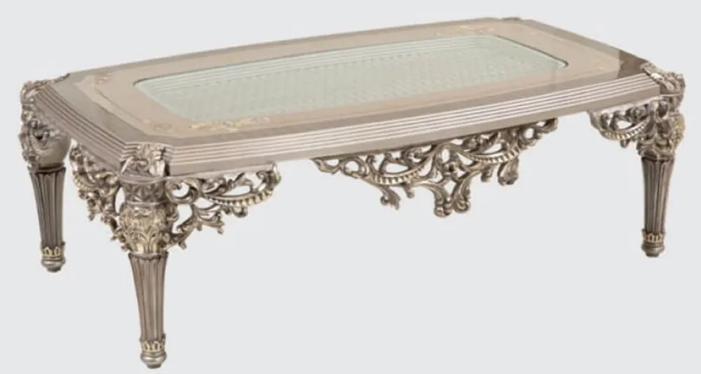 Preisknaller Casa Padrino Luxus Barock Couchtisch Silber / Gold 135 x 80 x H. 45 cm - Handgefertigter Massivholz Wohnzimmertisch im Barockstil - Barock Möbel