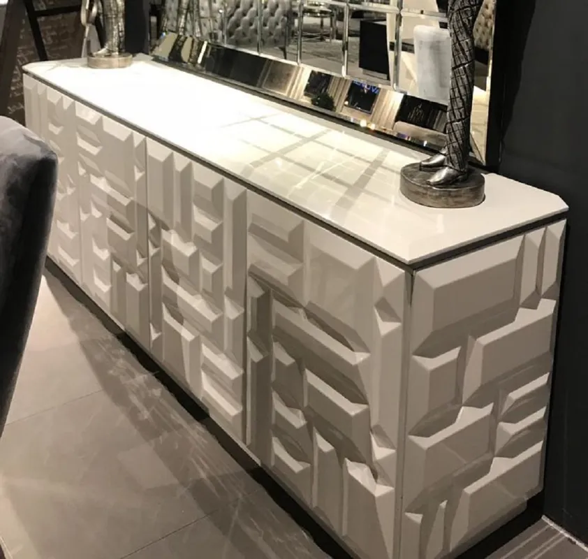 Kracherpreis Casa Padrino Luxus Sideboard Weiß / Silber 220 x 45 x H. 75 cm - Edler Massivholz Schrank mit 4 Türen - Luxus Möbel - Luxus Qualität