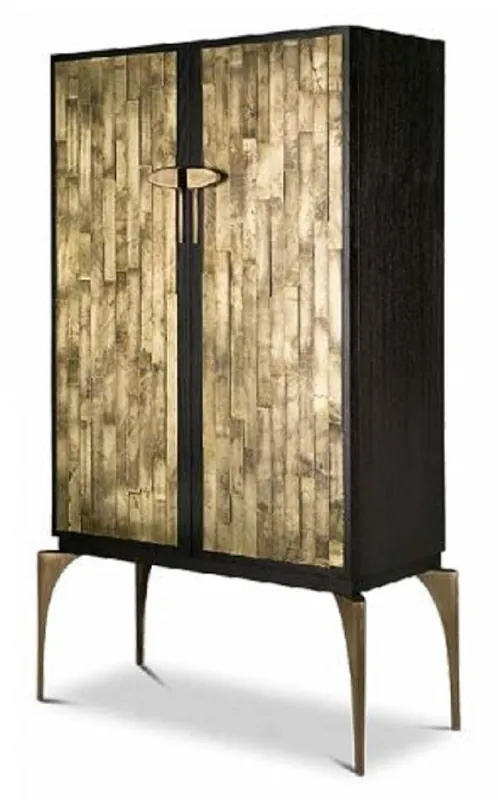 Casa Padrino Designer Barschrank Dunkelbraun / Gold / Messing 100 x 46 x H. 166 cm - Massivholz Schrank mit 2 Türen - Wohnzimmer Möbel - Hotel Möbel - Luxus Kollektion Garantierte Lieferung